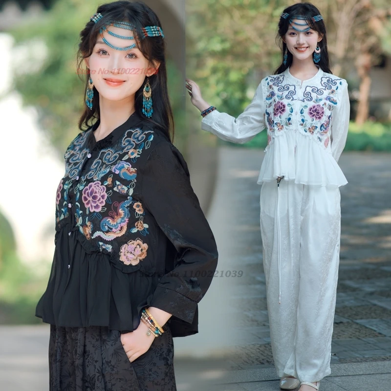 

2024 national flower embroidery vintage blouse traditional chinese improved hanfu tops ethnic satin jacquard o-neck folk blouse