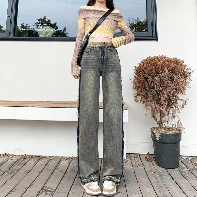 

New Arrival Jeans Women's Fringe Contrast Color High Waist Wide Leg Full Length Four Seasons Loose Casual Denim Pants Female