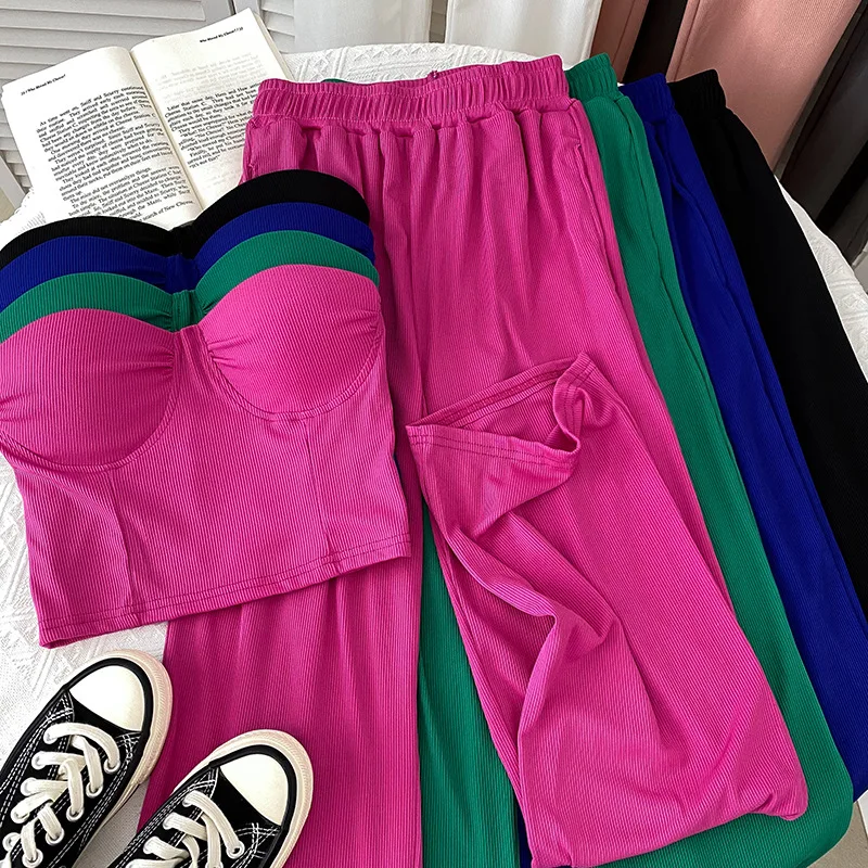 

2023 New Summer 2 Pcs Sets Strapless Cropped Top Wide Leg Pants Women Set Solid Color Elastic Waist Casual Two Piece Sets