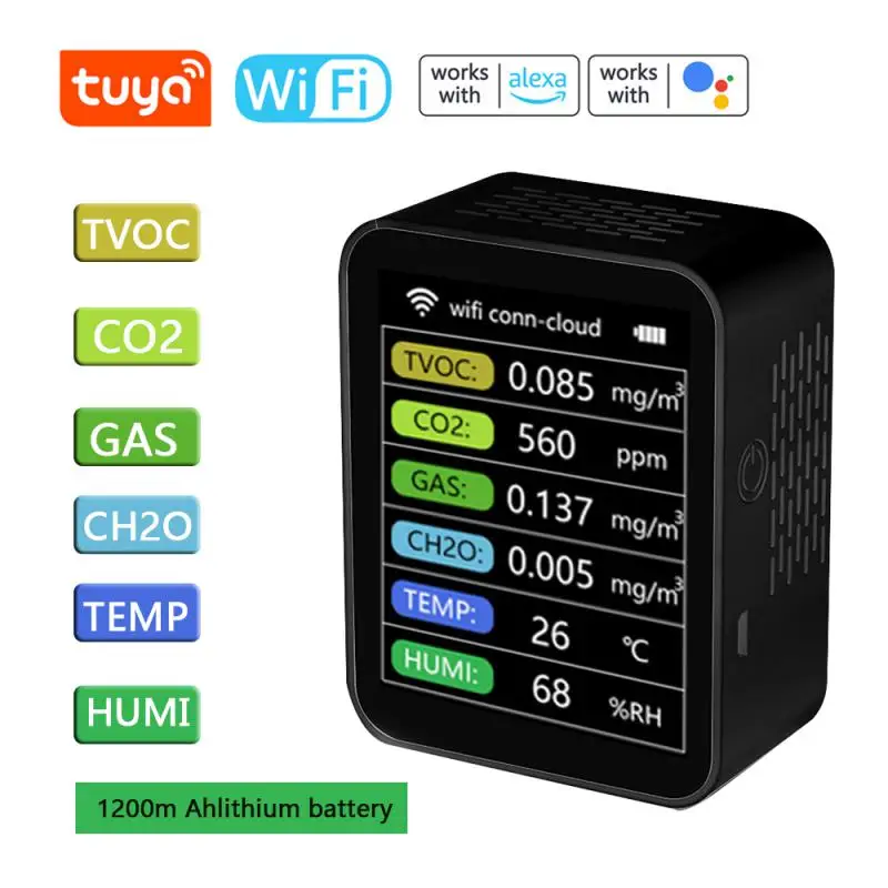 Tuya WiFi Air Quality Detector 6In1 Portable Multifunctional Detector Support TVOC CO2 Gases CH2O Temperature Humidity Detector
Tuya WiFi Air Quality Detector 6In1 Portable Multifunctional Detector Support TVOC CO2 Gases CH2O Temperature Humidity Detector