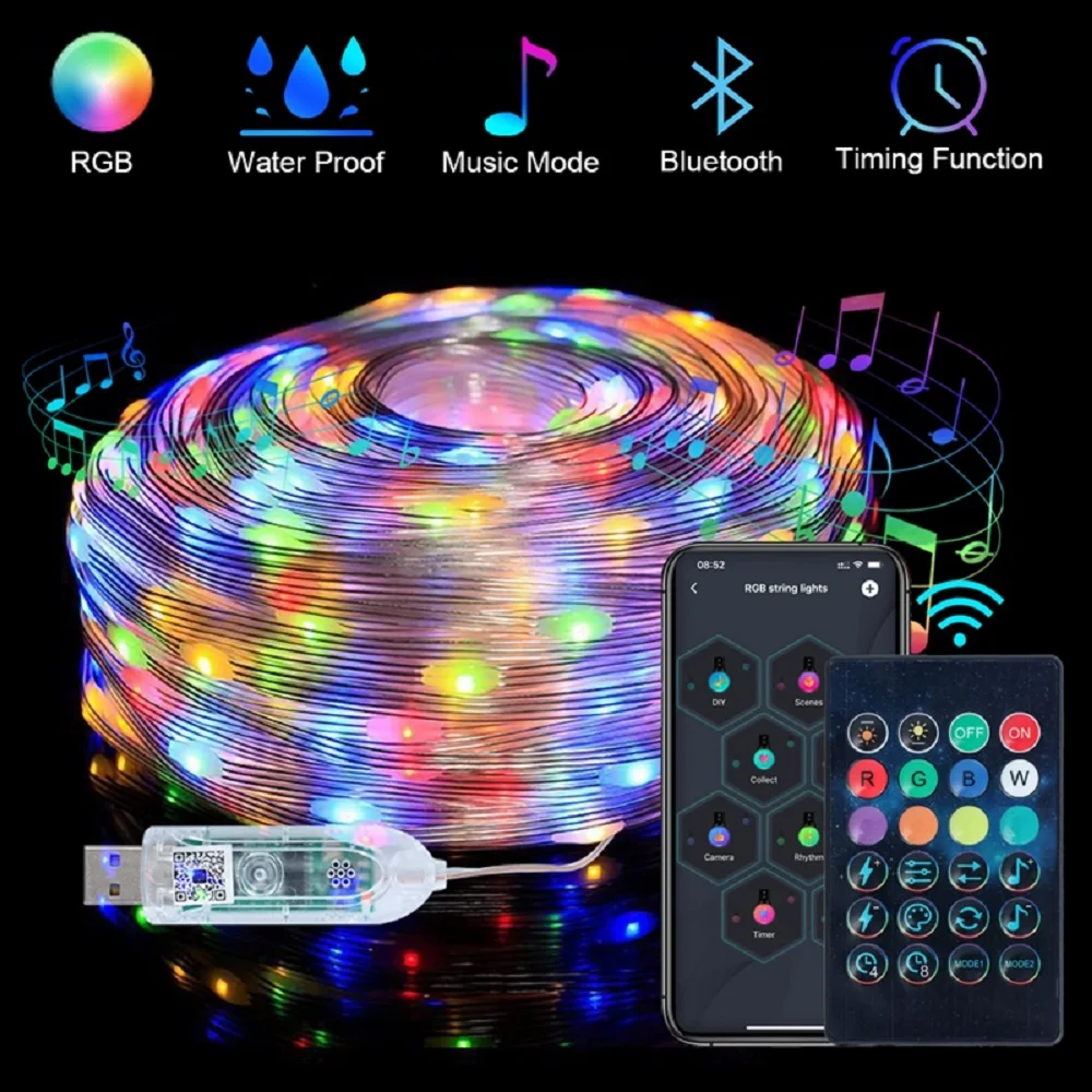 

USB LED String Lamp Smart Bluetooth Control 5V RGB Lights 5M 10M 15M 20M Outdoor Waterproof Garland Fairy Lights Christmas Decor