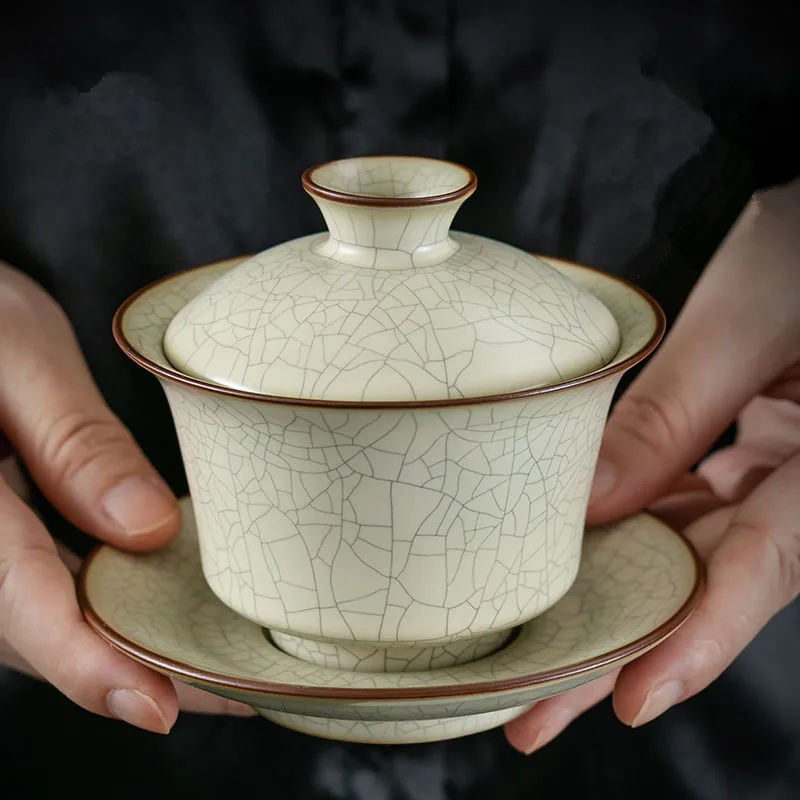 

Ru Kiln Sancai Cover Bowl Single High-end Kungfu Tea Set Ice Cracked Chinese Large Household Tea Bowl Non Hot Tea Cup