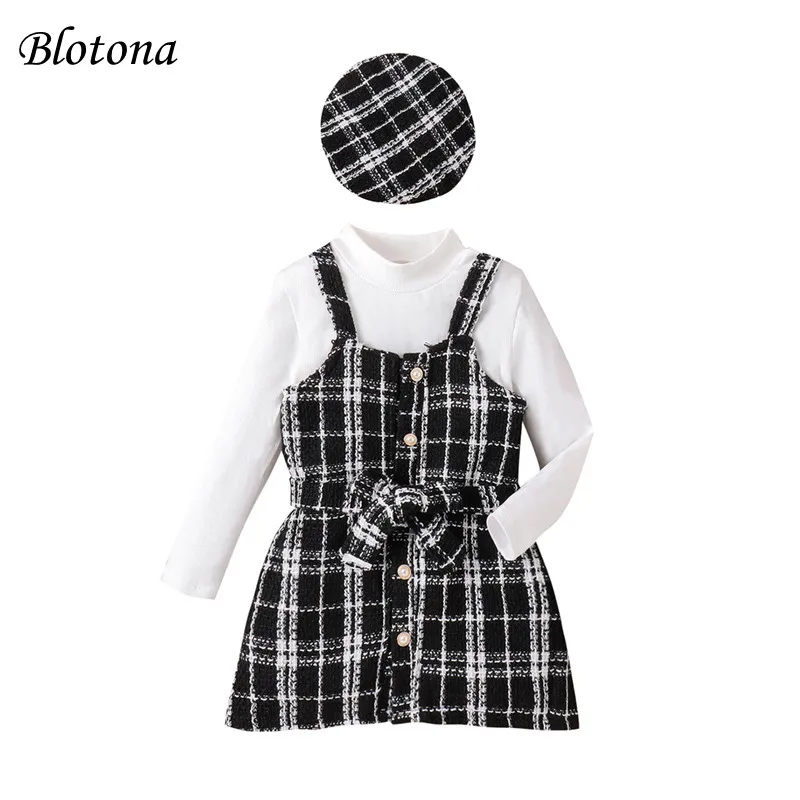 

Blotona Elegant Kids Girls Fall Outfit, Long Sleeve Turtleneck T-shirt with Belted Plaid Overall Dress and Hat 4-7Years