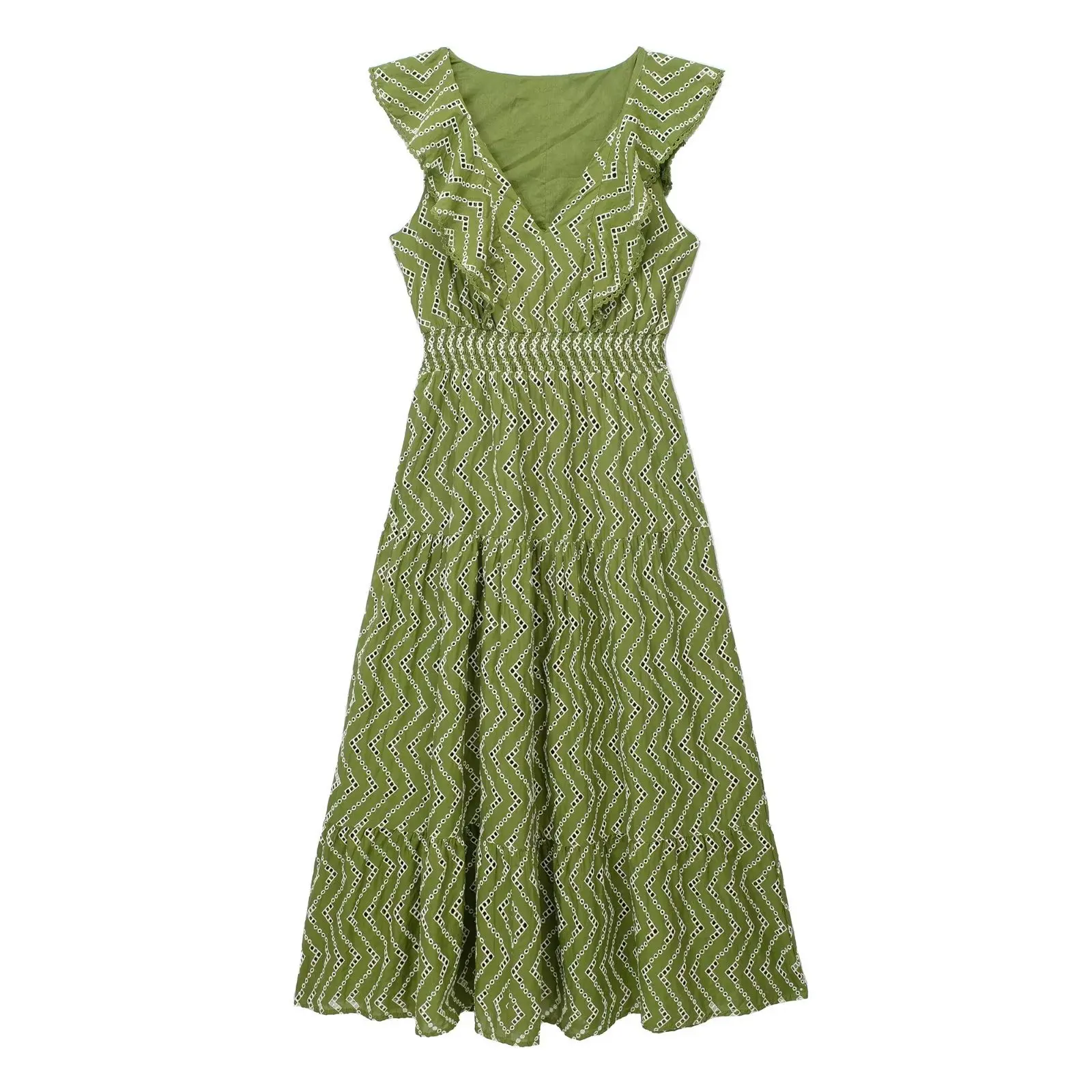 TRAF Women Fashion With Ruffles Cutwork Embroidery Midi Dress Vintage Sleeveless Elastic Waist Female Dresses Vestidos
TRAF Women Fashion With Ruffles Cutwork Embroidery Midi Dress Vintage Sleeveless Elastic Waist Female Dresses Vestidos