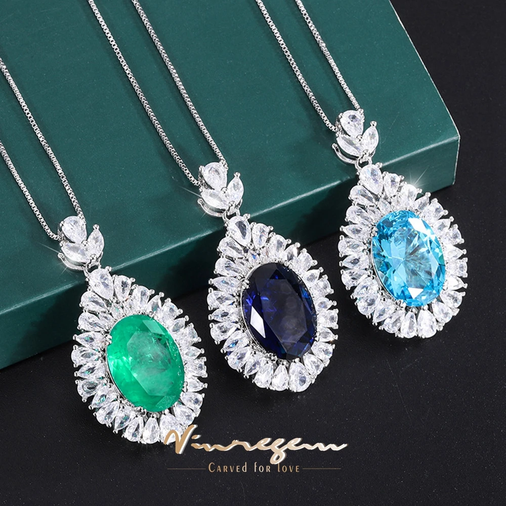 

Vinregem 13*18MM Oval Cut Lab Created Emerald Aquamarine Sapphire Gemstone Luxury Pendant Necklace Gift Fine Jewelry Wholesale