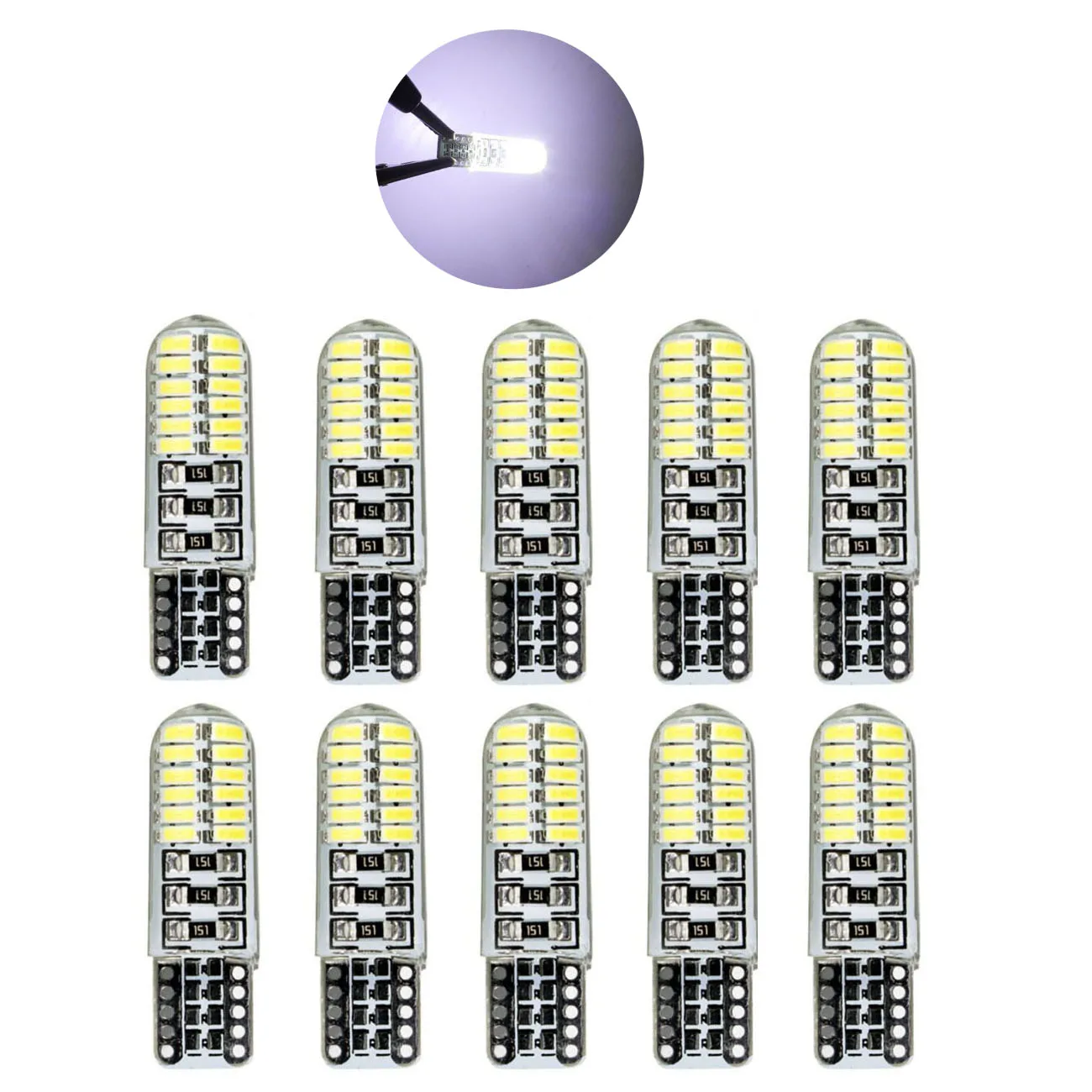 

10PCS W5W T10 Car Signal LED Bulbs 12V 3014 24SMD White Silicone Auto Interior Dome Door Maps Wedge Side License Plate Lamps