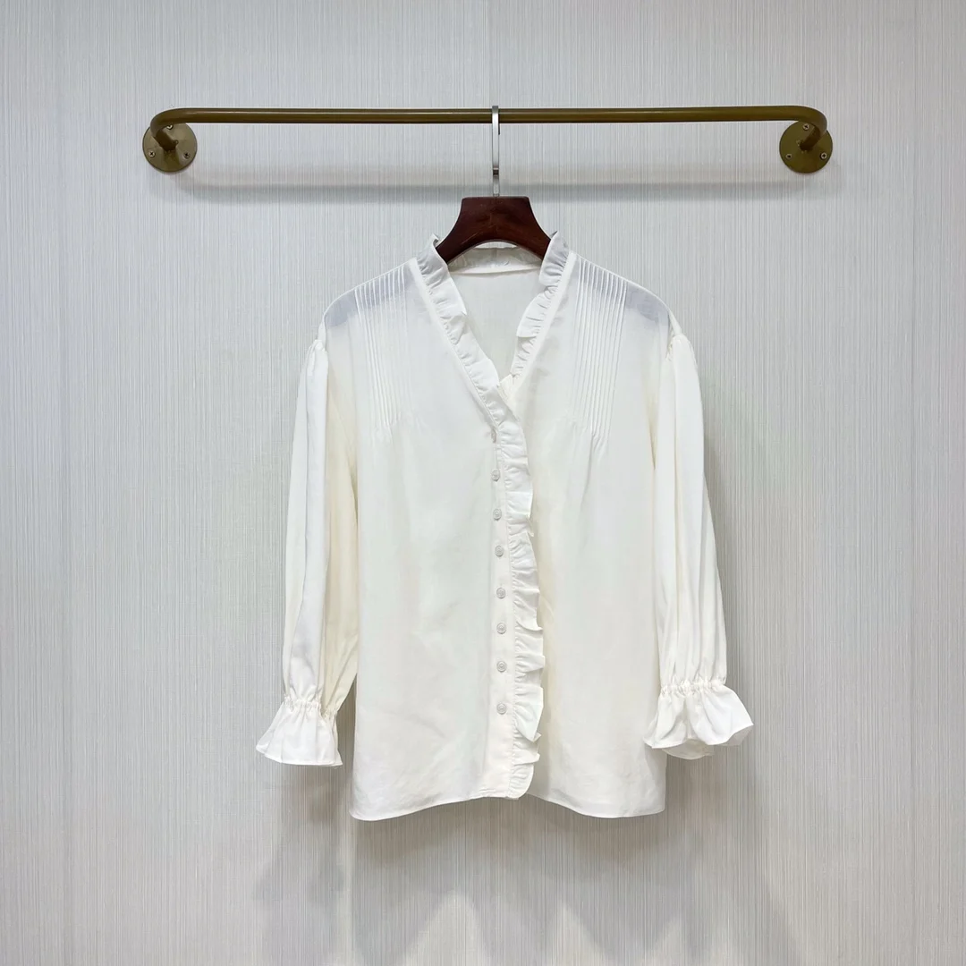 Silk white ruffled V-neck shirt loose fit casual fashion 2023 summer new style 0316
Silk white ruffled V-neck shirt loose fit casual fashion 2023 summer new style 0316