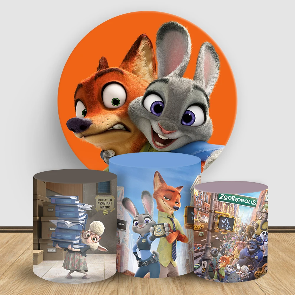 

Disney Zootopia Bunny Judy and Nick Fox Theme Circle Round Backdrop Cover and Cylinder Covers for Children Birthday Party Decor