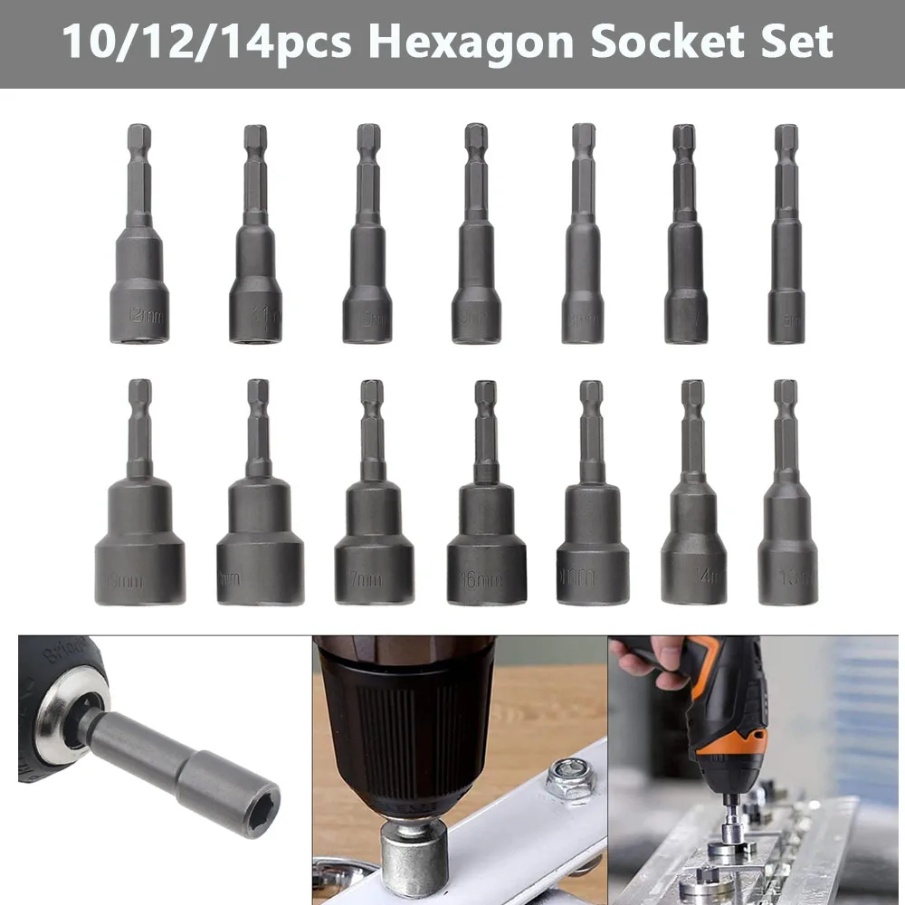 

1/4 inch 10/12/14Pcs Magnetic Hexagon Socket Nut Driver 6-19mm Hex Shank Drill Bits Set Remover Tools for Electric Screwdriver