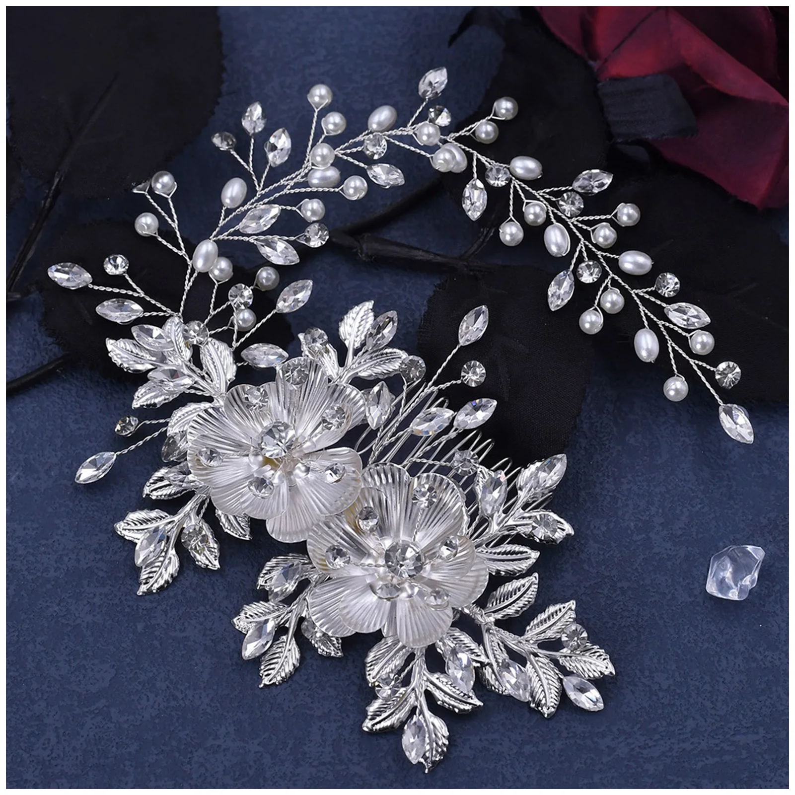 

Bride Hair Side Comb Clips Tiara Handmade Rhinestone Flower Hair Accessories for Valentine's Day Christmas Headwear