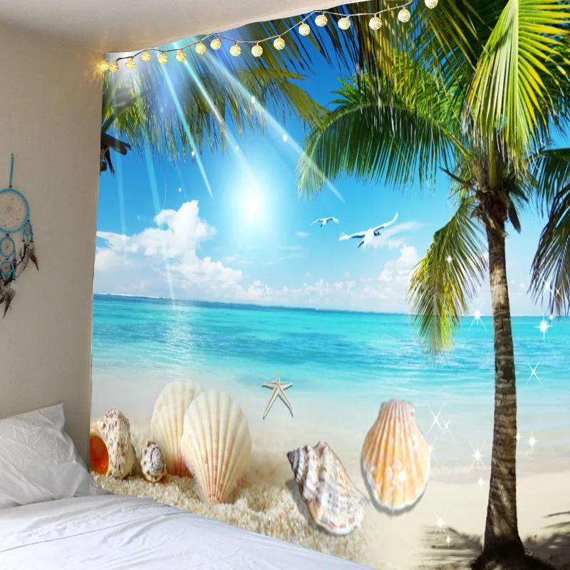 

Nordic Ins Tapestry Beach Coconut Tree Scenery Large Background Cloth Boho Home Decoration Wall Hanging Bedroom Warm Tapestries