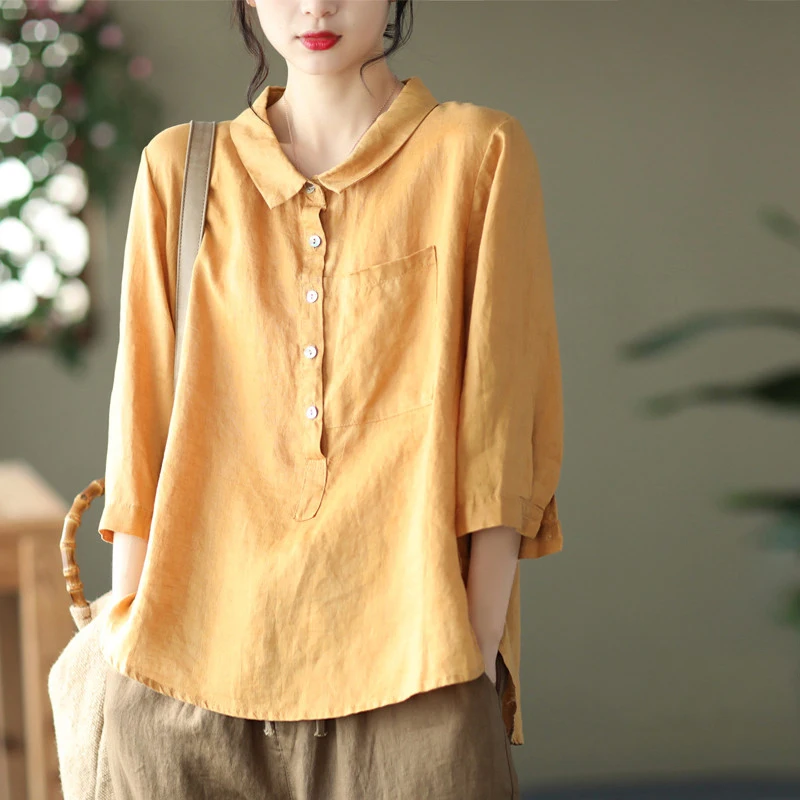 2022 Summer Arts Style Women 3/4 Sleeve Loose Turn-down Collar Shirts Single Pocket Cotton Linen Casual Blouse Female Tops C245
2022 Summer Arts Style Women 3/4 Sleeve Loose Turn-down Collar Shirts Single Pocket Cotton Linen Casual Blouse Female Tops C245