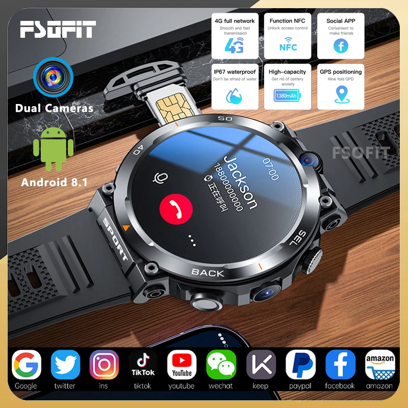 

4G NetworK Dual Camera Smart Watch 1.39-inch GPS Wifi SIM NFC Rugged 64G-ROM Google Play IP67 Android Men Women Smartwatch