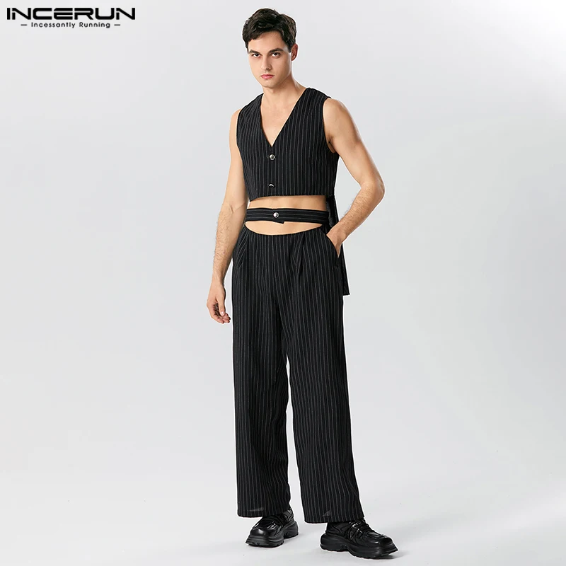 

Casual Party Hot Sale Sets INCERUN New Mens Striped Short Irregular Hem Vests Hollow Long Pants Stylish Suit 2 Pieces S-5XL 2023