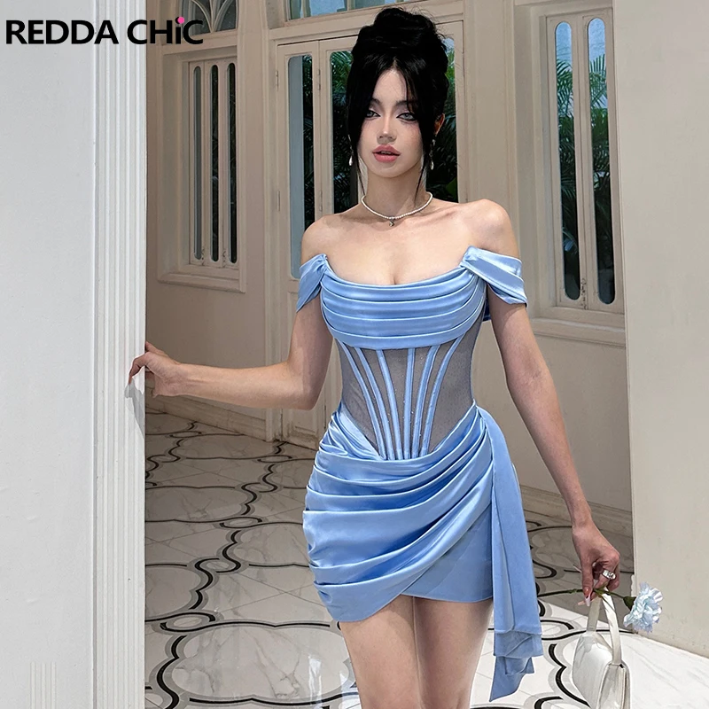 

ReddaChic Sparkly See-through Mesh Spliced Satin Mini Dress Women Royal Blue Bodycon Boned Corset Evening Party One-piece Dress