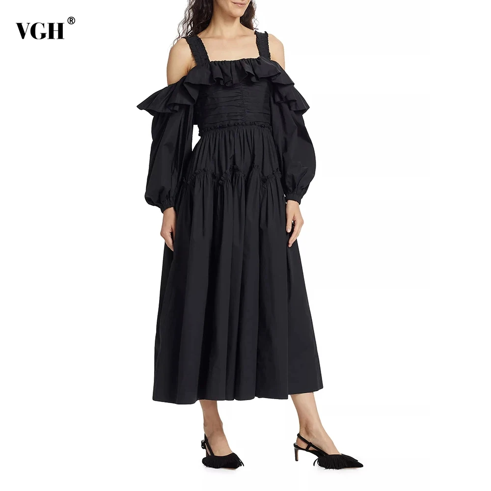 

VGH Solid Patchwork Folds Dresses For Women Slash Neck Lantern Sleeve High Waist Spliced Zipper Long Dress Female Fashion New
