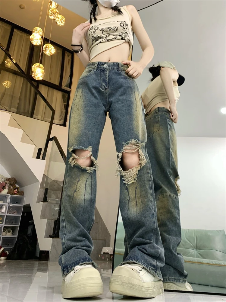 

Women's Graffiti Painted Holes Summer Wide Leg Jeans Young Girl Street Style Baggy Bottoms Vintage Casual Trousers Female Pants