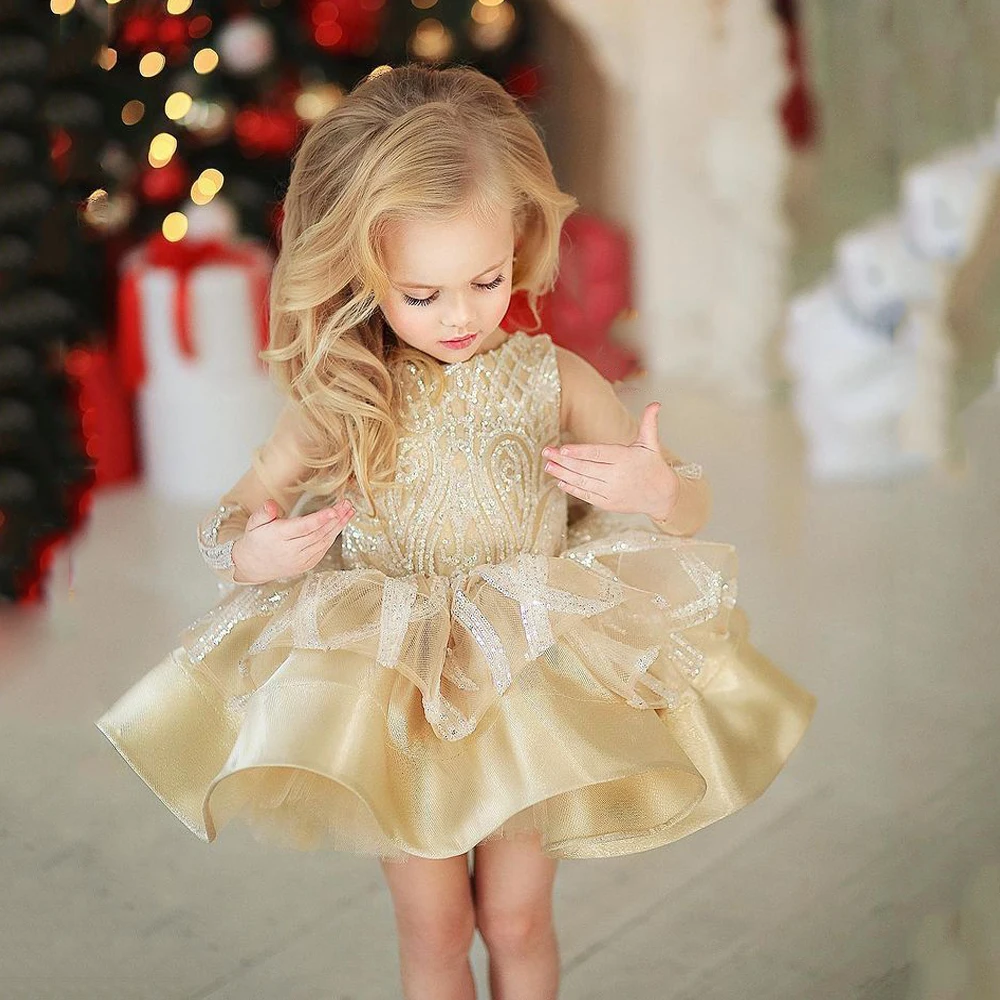 

Flower Girl Dress Champagne Baby Girl Tutu Dresses Long Sleeves Sequin Puff Kids Pageant Party Gowns Sparkling Toddler