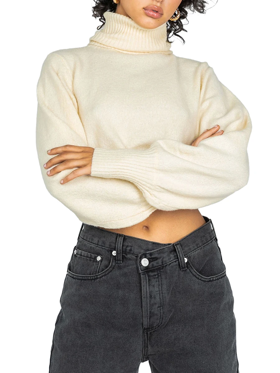 

Женский Короткий трикотажный свитер Yoawdats, однотонный пуловер с воротником Хомутом, трикотажная одежда в эстетическом стиле, уличная одежда с длинным рукавом, на весну