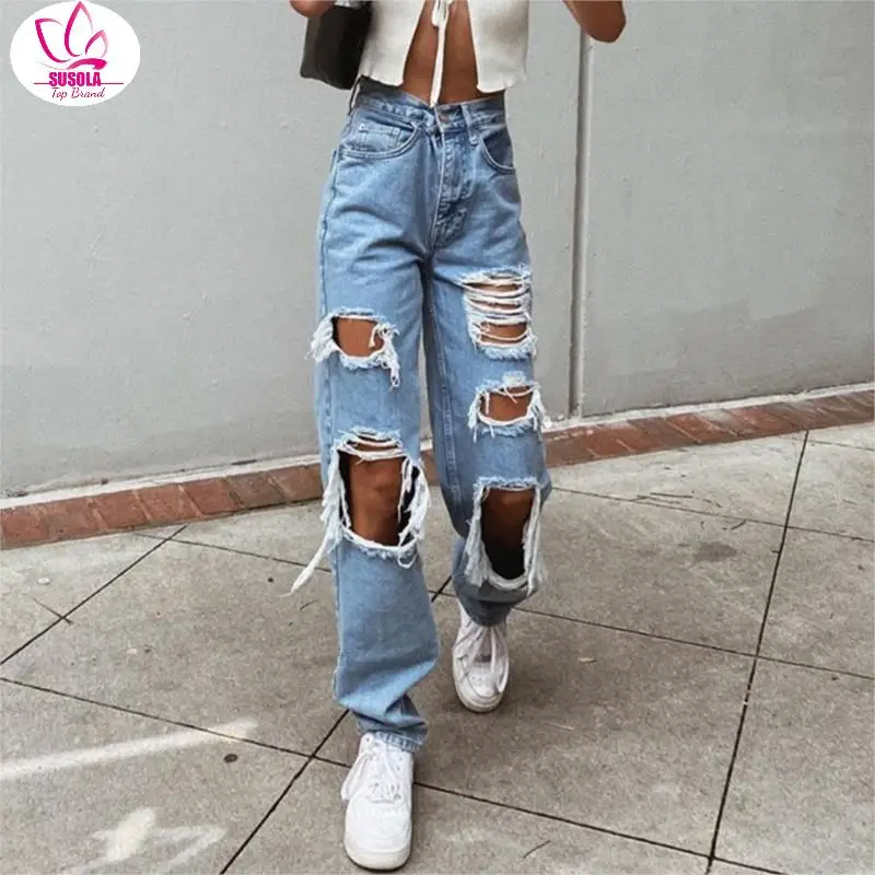 

SUSOLA Women's Trend Sexy Jeans Casual Pants Big Holes Long Trousers Women Jeans Ripped Frayed Loose Denim Pants Women Clothing