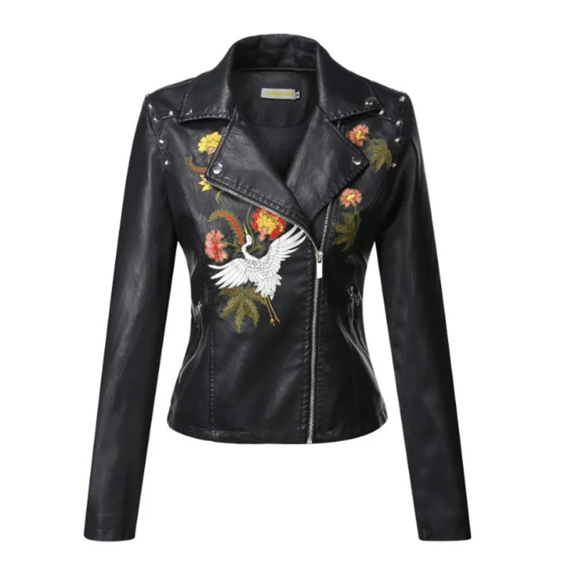 New Autumn Flowers Embroidery Pu Leather Jacket Women Turn-down Collar Rivet Zipper Black Biker Coats Tops Clothes Ropa De Mujer
New Autumn Flowers Embroidery Pu Leather Jacket Women Turn-down Collar Rivet Zipper Black Biker Coats Tops Clothes Ropa De Mujer