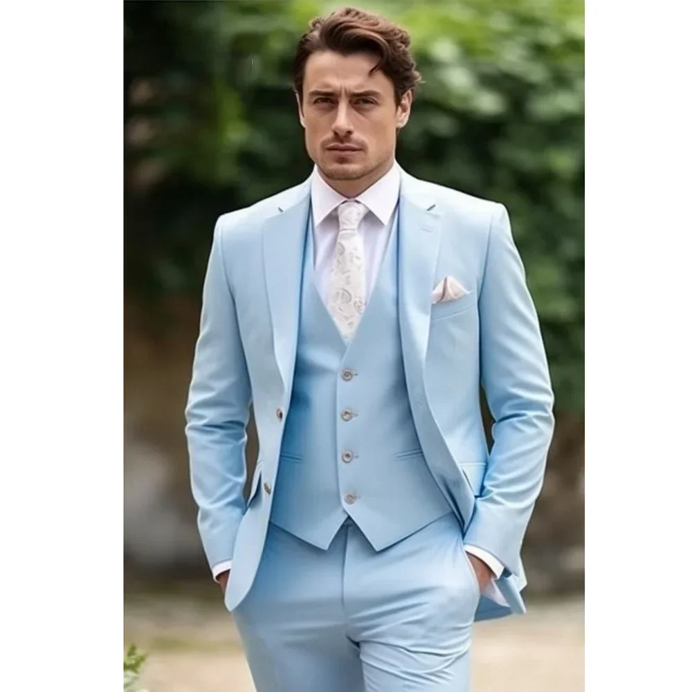 

Gorgeous Solid Men Suits Sky Blue Fashion Casual Smart Wedding Tuxedo Formal Notch Lapel Single Breasted Suit Slim 3 Piece