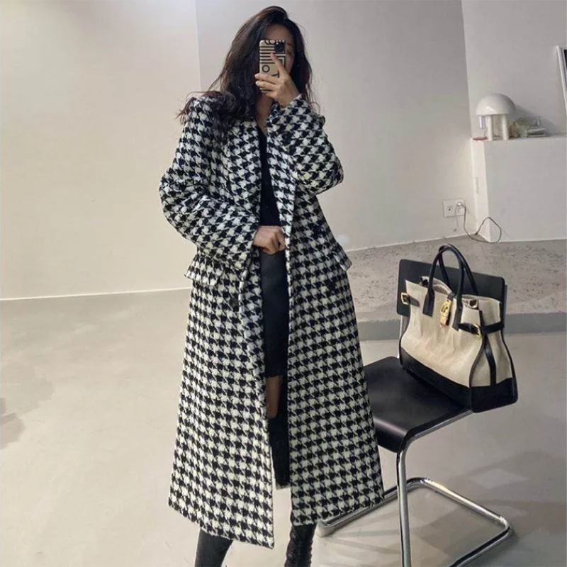 

Woolen Windbreaker Coat Women's Overcoat 2024 Autumn Winter New Korean Loose Houndstooth Plaid Long Wool Trench Coat Outerwear