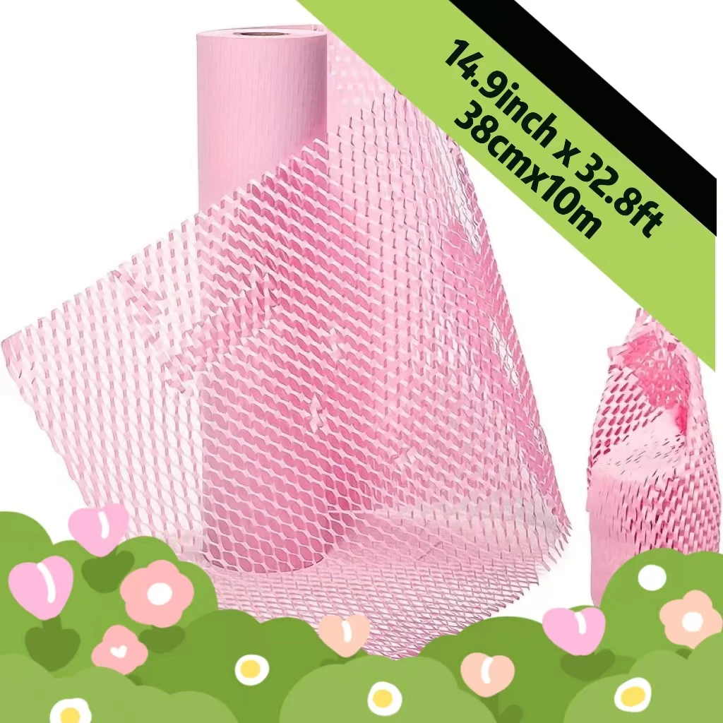 

14.9inch x 32.8ft Pink Honeycomb Packing Paper Eco Friendly Recyclable Cushion Material Moving Shipping Supplies Kraft Paper