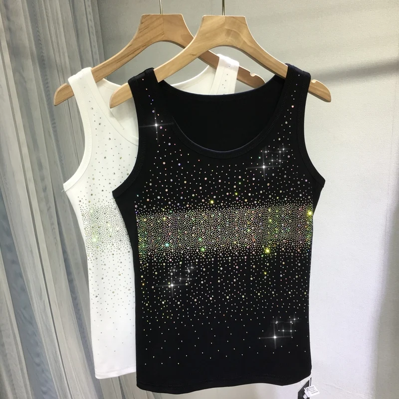 

Blingbling Hot Drilling Women Camisole All-match Sleeveless Cotton T-shirt 2024 New Summer O-neck Stretch Cotton Tanks Basic Top