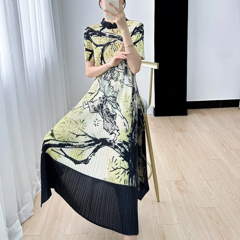 

Miyake Style Pleated French Niche Western-Style Printed Women's Dress Stand collar Long Slim Dress 2024 Summer New Style Dresses