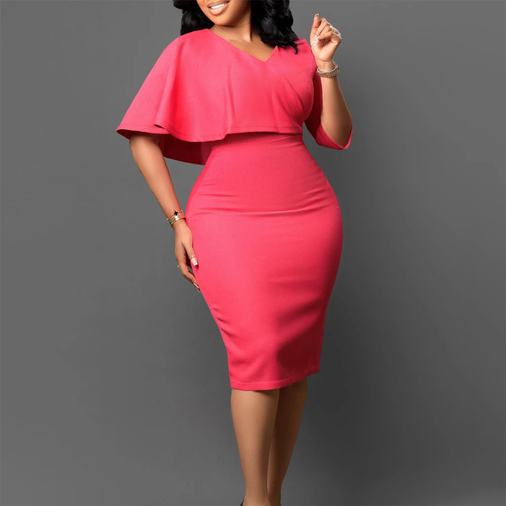 

Elegant Bodycon Dresses for Women V Neck Half Sleeve Solid Sheath Package Hips Mid Calf Formal Business Work Dress Midi Clothes