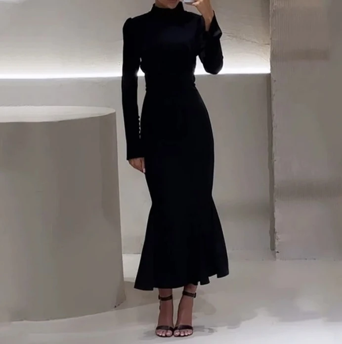 

Women's Urban Dress 2024 Spring Latest Celebrity Style Elegant Long Sleeved High Waist Solid Color Standing Neck Fishtail Skirt