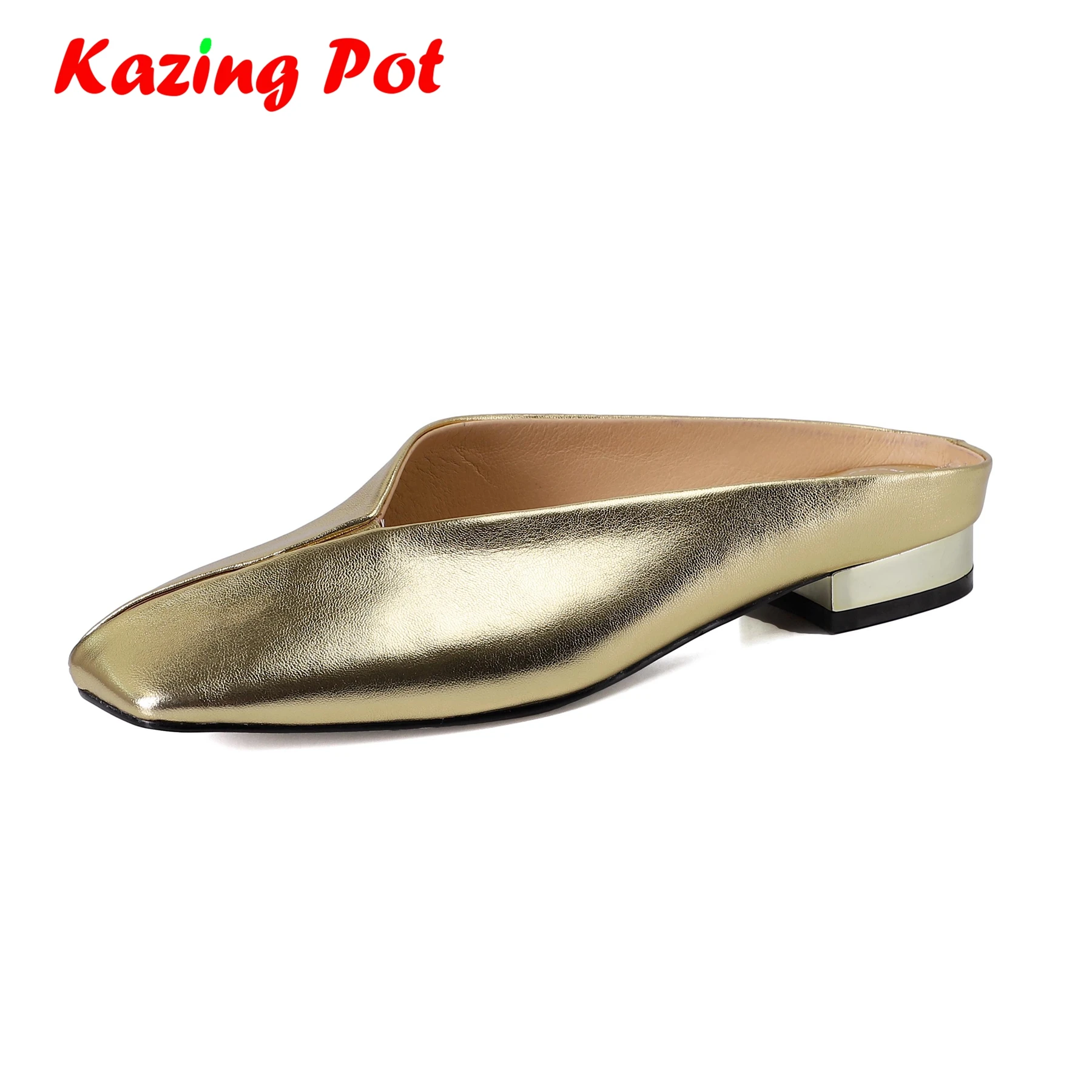 

Мюли Krazing Pot из натуральной кожи, летняя повседневная обувь для отдыха, квадратный носок, лаконичный дизайн, модные уличные тапочки, золотистого цвета
