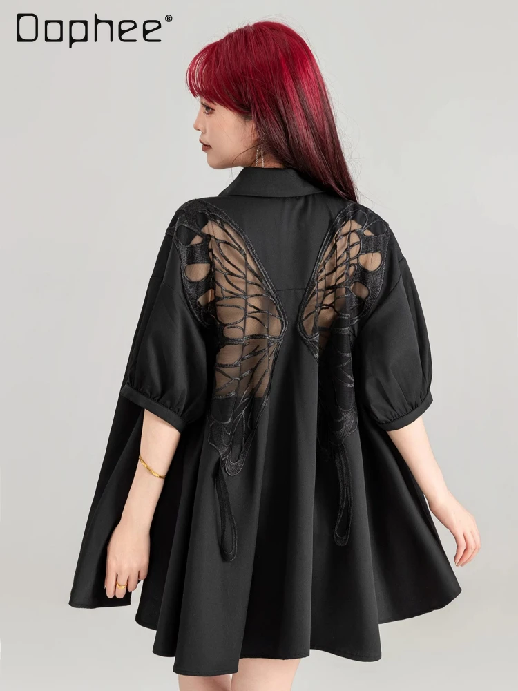 

Summer Heavy Industry Cutout Butterfly Embroidery Black Short Sleeve Shirt Thin Puff Sleeve Design blouse Sun Protection Shirt