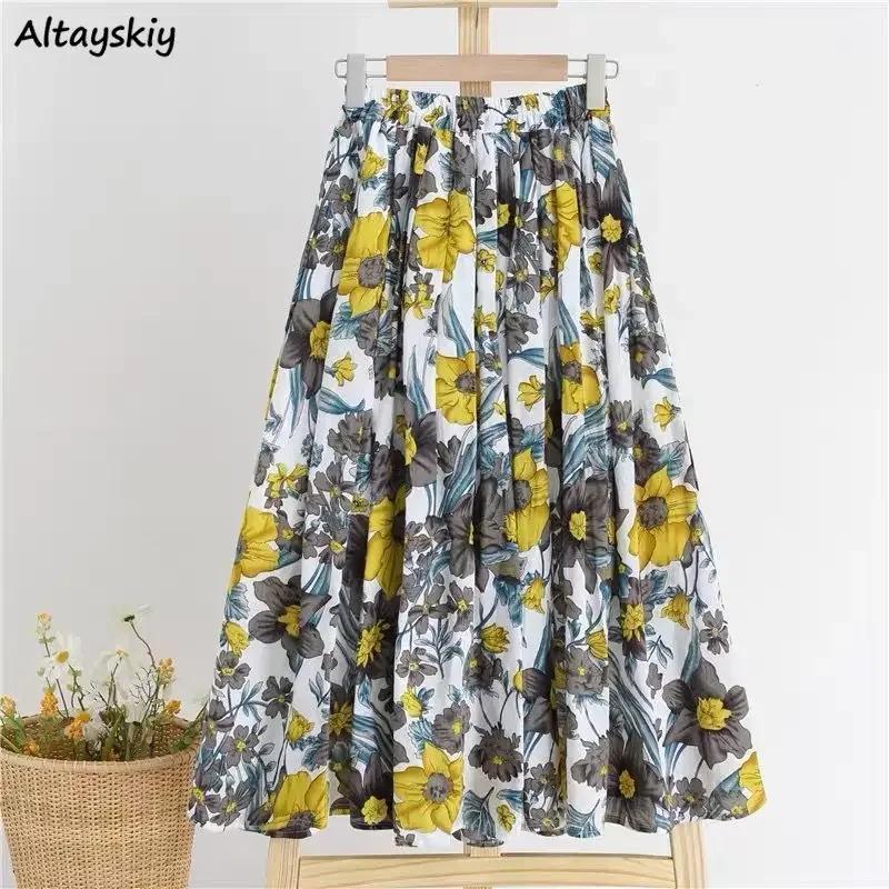 

Summer Midi Skirts Women Floral Print Aesthetic Empire Slim Elegant Casual A-line Skirt Female Elastic Waist Faldas All-match OL