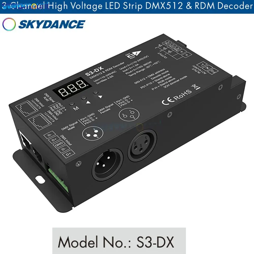 

Skydance S3-DX 3 Channel High Voltage 110V 220V AC LED Strip DMX Decoder with RF 3CH RDM Controller XLR3 RJ45 for AC RGB Strips