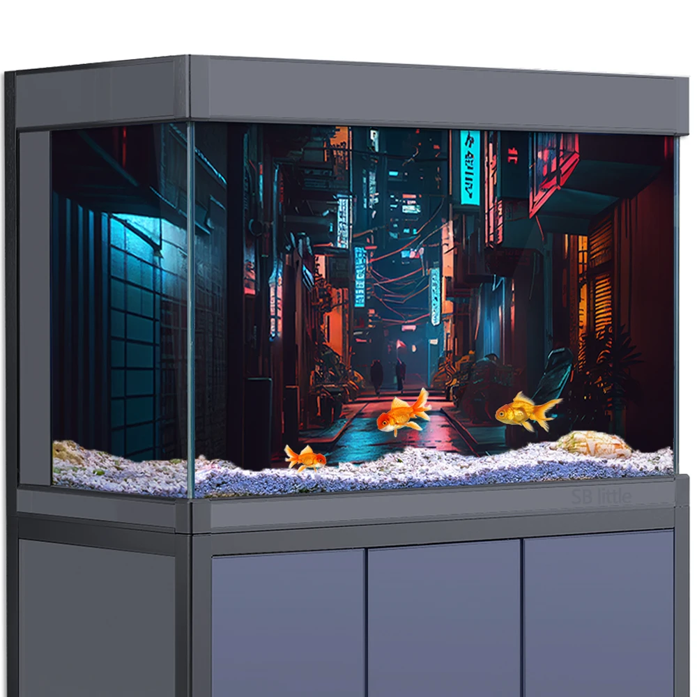 

Aquarium Background Sticker Decoration for Fish Tanks Neon City HD Illustration Street 3D Poster Printing Wallpaper PVC