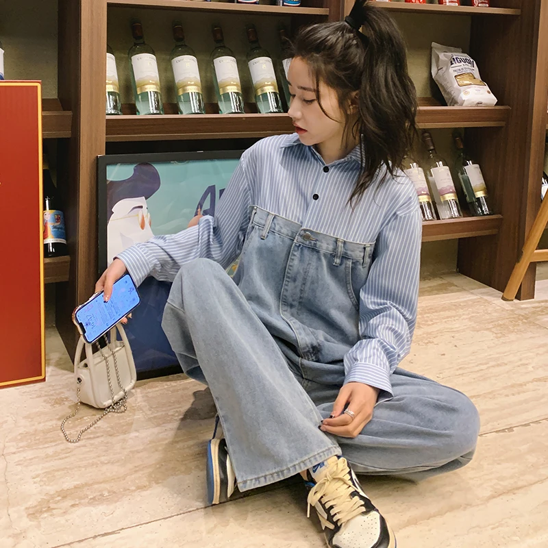 Stripe Shirt Spliced Denim Jumpsuit Long Sleeve Lalpel Loose Streetwear Hip Hop Long Sleeve One Piece Jeans Overalls Romper 1082
Stripe Shirt Spliced Denim Jumpsuit Long Sleeve Lalpel Loose Streetwear Hip Hop Long Sleeve One Piece Jeans Overalls Romper 1082