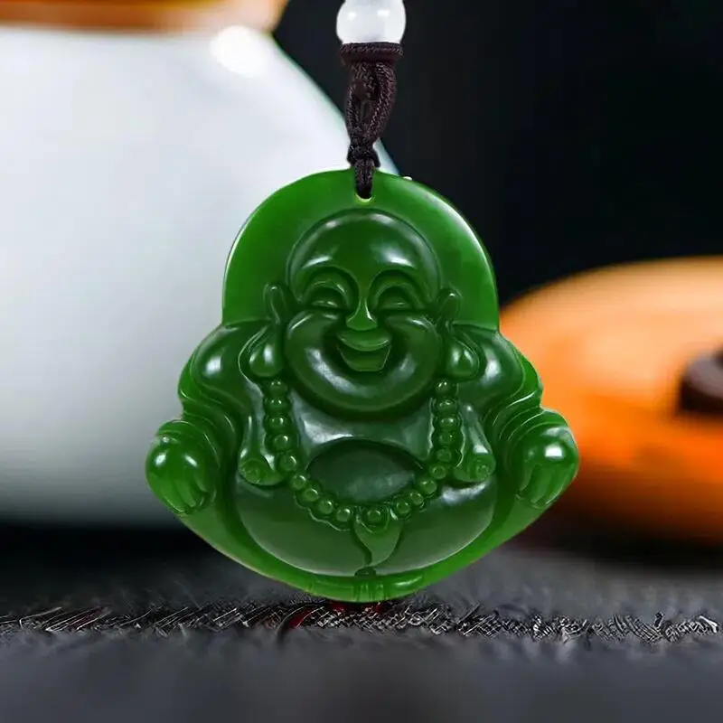 

Green Real Jade Maitreya Pendant Necklace Natural Jasper Carved Jewelry Designer Vintage Gifts for Women Charm Men Fashion