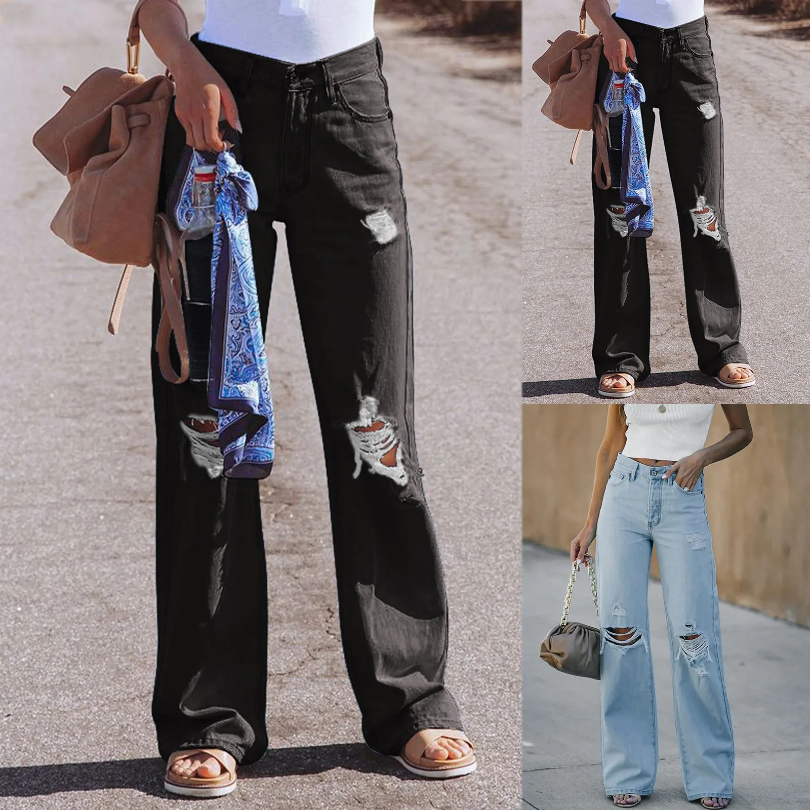 

Women'S Ripped Loose High Waisted Stretchy Slim Jeans Solid Casual Baggy Leisure streetwear