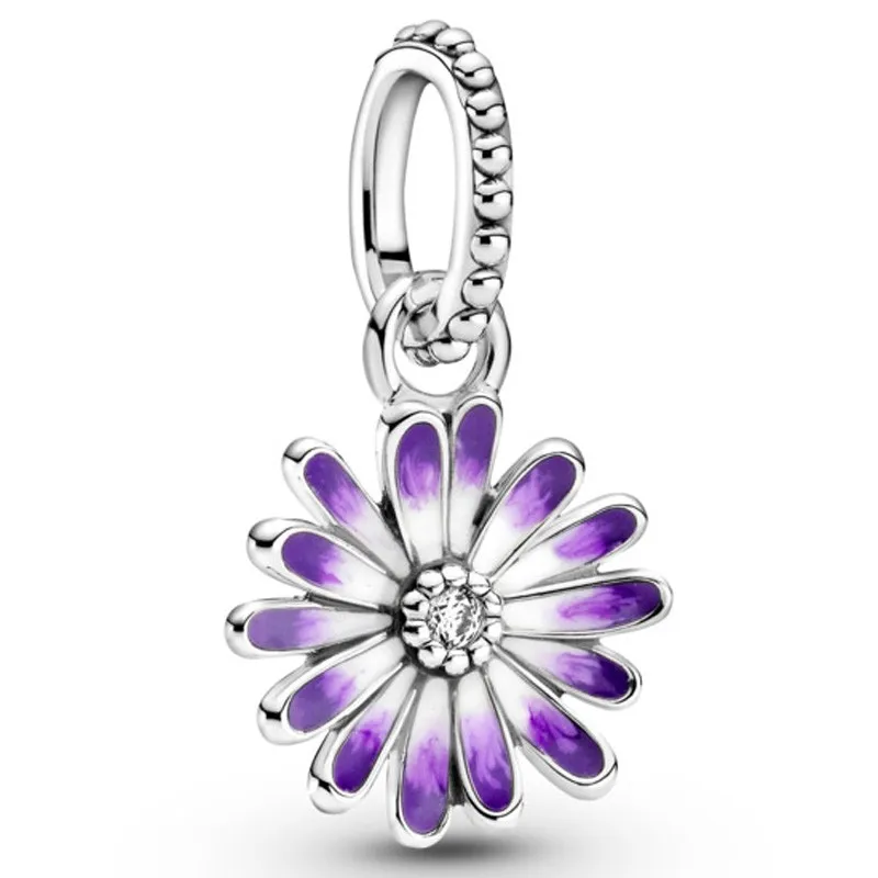 

Original Garden Purple Daisy Dangle Beads Charm Fit Pandora Women 925 Sterling Silver Bracelet Bangle Jewelry