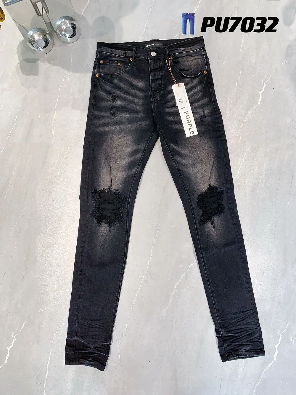 

Джинсы мужские рваные в состаренном стиле, облегающие брюки из потертого денима, рваные джинсы с эффектом потертости, уличная одежда, черные фиолетовые