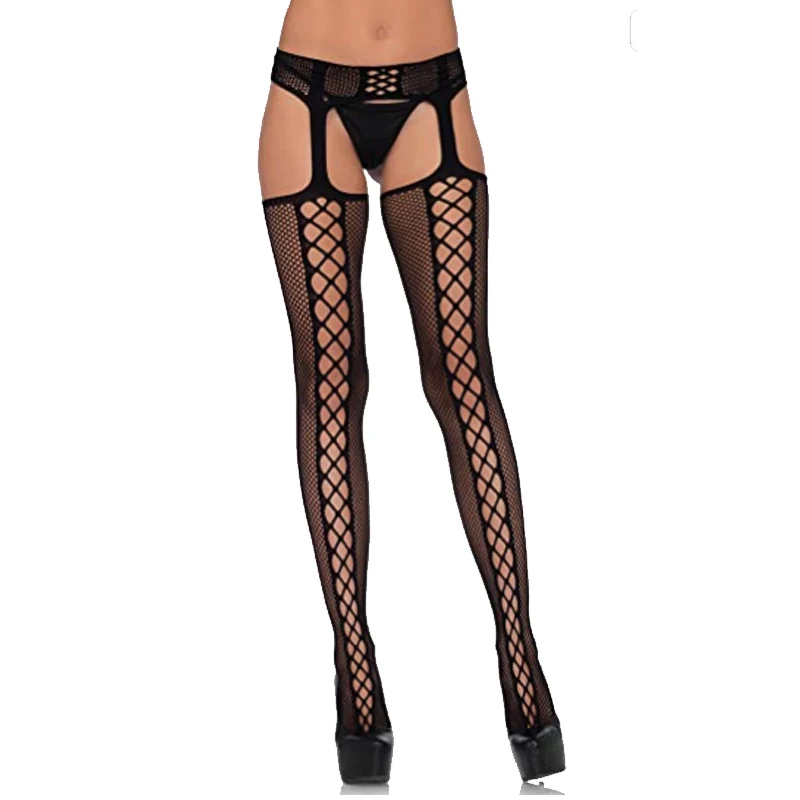 

Women Cross Stockings With Belt Set High Fishnet Black Tights Erotic Lingerie Sexy Pantyhose Floral Print Long Mesh Stocking New
