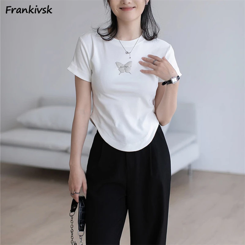 

Asymmetrical Tees Women Sequined Solid Basics Daily Slim Korean Style All-match Simple Hotsweet Summer Fashion Leisure cropped