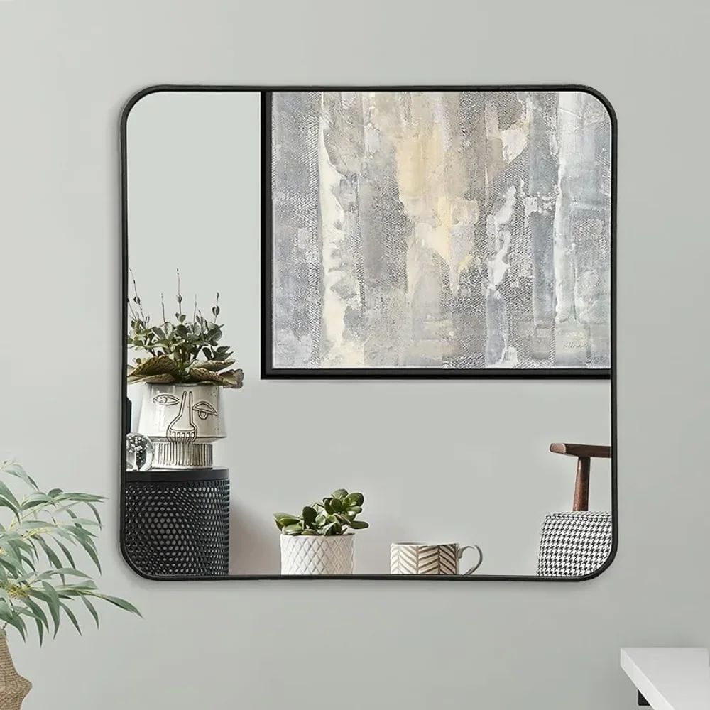 

32" Framed Square Black Mirror With Rounded Corners - Modern Wall Mirror for Bathroom Freight Free Miroir Bath Mirrors Fixture