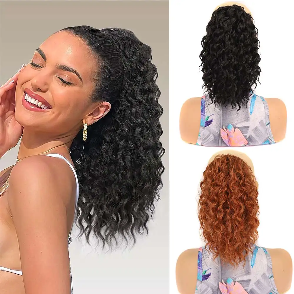

Drawstring Ponytail Loose Deep Curly Ponytail for Black Women 10Inch Synthetic Hairpieces Clip in Jerry Curls Ponytail Extension
