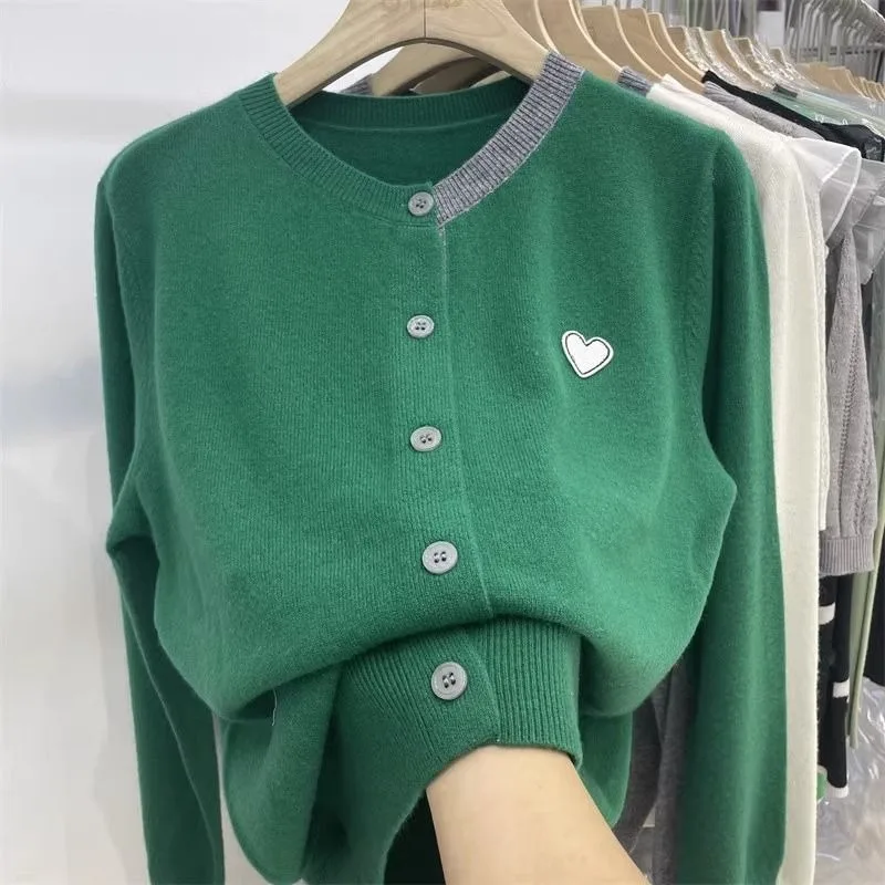 

Spring Autumn 2024 New Korean Version of Gentle Wind Knitted Cardigan Women Patchwork Long Sleeve Bottoming Coat Loose Sweater