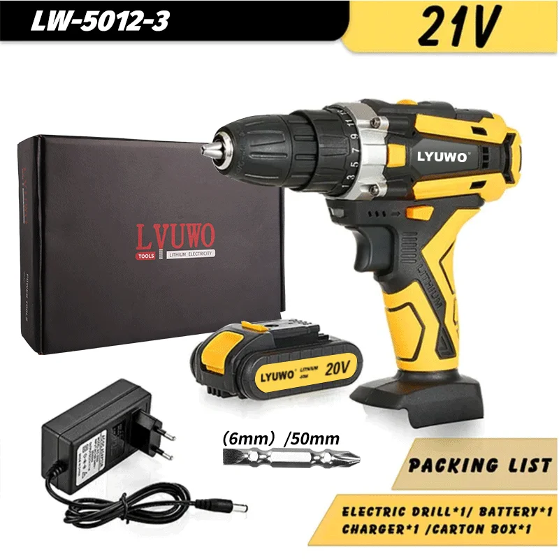 

LYUWO 12/16.8/21V Cordless Drill Rechargeable Electric Screwdriver Lithium Battery Household Multi-function 2 Speed Power Tools