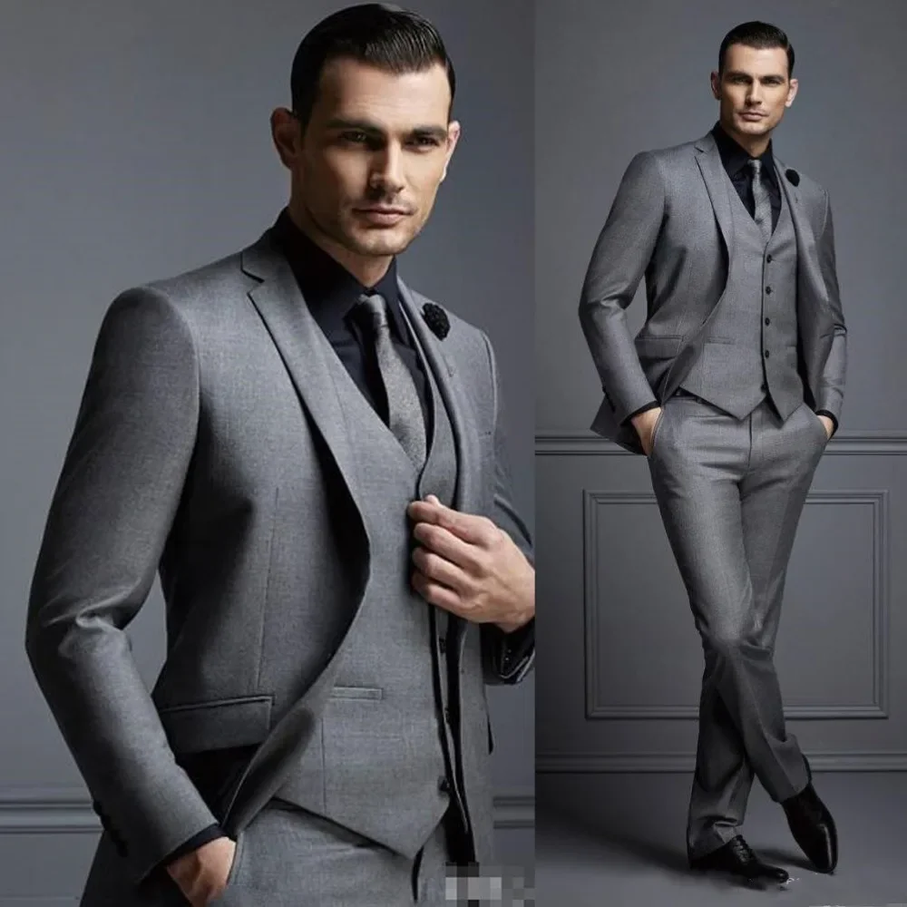 

New Fashion Grey Men Suit Casual Business Set Wedding Best Men Slim Fit Groom Tuxedos 3 Pieces (Jacket + Vest + Pants) 2024