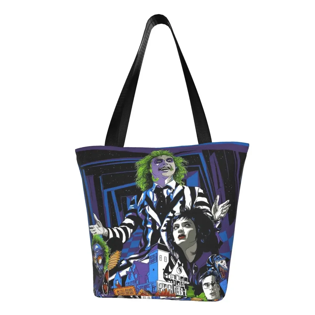 Сумка-тоут для покупок с забавным ужасным фильмом от Beetlejuice, многоразовая сумка для продуктов Тим Бёртон, Холщовая Сумка для покупок через плечо 
Сумка-тоут для покупок с забавным ужасным фильмом от Beetlejuice, многоразовая сумка для продуктов Тим Бёртон, Холщовая Сумка для покупок через плечо